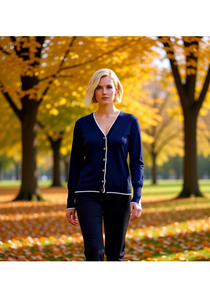 Kadın V Yaka Düğme Detaylı Şeritli Uzun Kollu Regular Kesim Triko Hırka Casual Giyim Stili