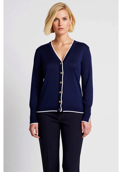 Kadın V Yaka Düğme Detaylı Şeritli Uzun Kollu Regular Kesim Triko Hırka Casual Giyim Stili fırsatları