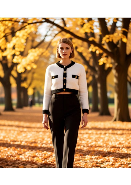 Kadın Crop Sakal Tüylü Iplik Detaylı Ceket Görünümlü Triko Hırka Modern ve Konforlu Stil Şık