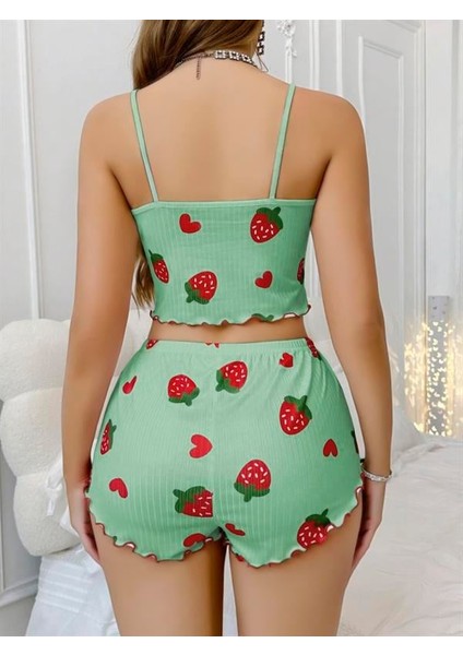 Arias Closet Pamuklu Yeşil Üstüne Çilek Desen Fitilli Askılı Şortlu Pijama Takımı modelleri