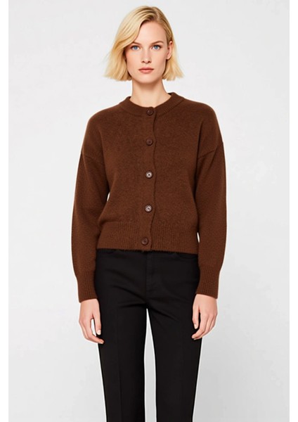 Kadın Alpaka Karışımlı Triko Hırka Düşük Kol Bisiklet Yaka Düğmeli Rahat Kesim Kışlık Şıklık Günlük