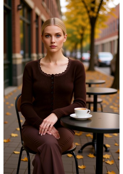 Kadın Crop Dantel Detaylı Kare Yaka Fitilli Triko Hırka Düğmeli Uzun Kollu Şık Tasarım Günlük fiyatları