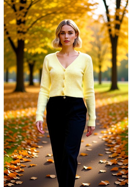 Kadın Crop Düğme Detaylı Yumuşak Dokulu V Yaka Yünlü Triko Hırka Rahat