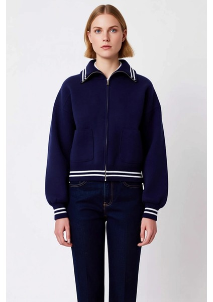 Kadın Antrasit Fermuarlı Triko Ceket Düşük Omuzlu Çizgili Detaylı Kısa Kesim Rahat Şıklık Şık