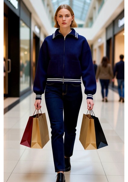 Kadın Antrasit Fermuarlı Triko Ceket Düşük Omuzlu Çizgili Detaylı Kısa Kesim Rahat Şıklık Şık modelleri