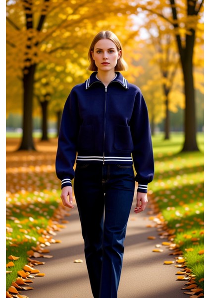 Kadın Antrasit Fermuarlı Triko Ceket Düşük Omuzlu Çizgili Detaylı Kısa Kesim Rahat Şıklık Şık fırsatları