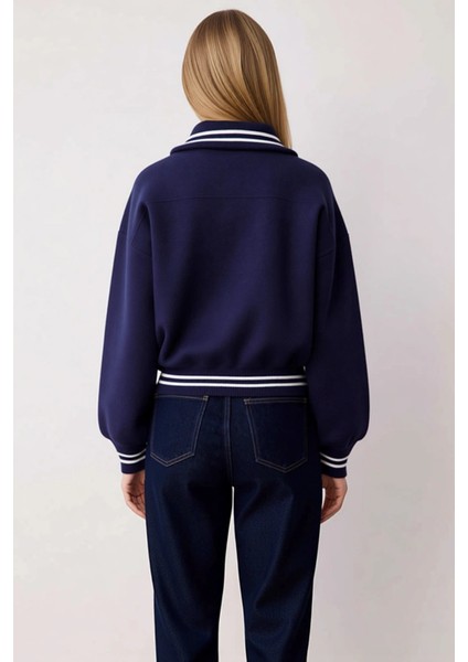 Kadın Antrasit Fermuarlı Triko Ceket Düşük Omuzlu Çizgili Detaylı Kısa Kesim Rahat Şıklık Şık indirimleri