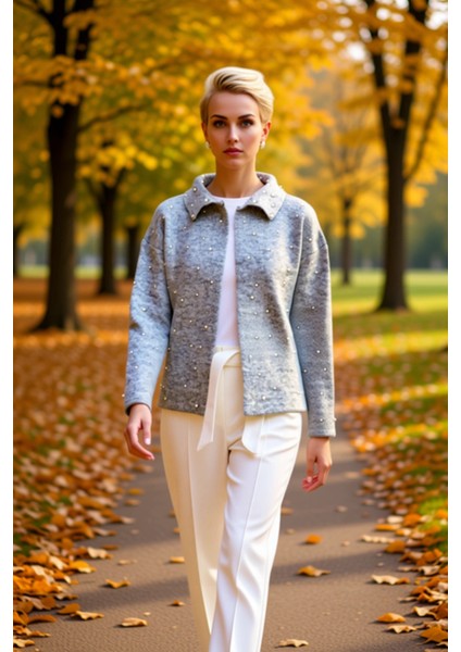 Kadın Inci Işlemeli Polo Yaka Düşük Omuzlu Geniş Kesim Uzun Kollu Triko Hırka Günlük Şıklık