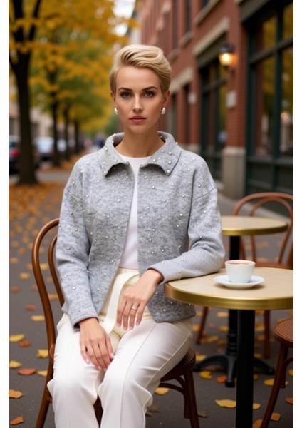 Kadın Inci Işlemeli Polo Yaka Düşük Omuzlu Geniş Kesim Uzun Kollu Triko Hırka Günlük Şıklık fiyatları