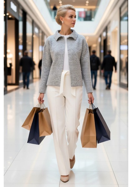 Kadın Inci Işlemeli Polo Yaka Düşük Omuzlu Geniş Kesim Uzun Kollu Triko Hırka Günlük Şıklık modelleri