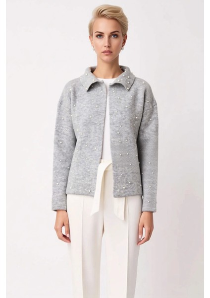 Kadın Inci Işlemeli Polo Yaka Düşük Omuzlu Geniş Kesim Uzun Kollu Triko Hırka Günlük Şıklık fırsatları