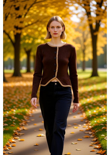 Kadın Vücuda Oturan Ribanalı Örgü Crop Hırka Kurdele Düğmeli Biye Detaylı Şık ve Konforlu Spor