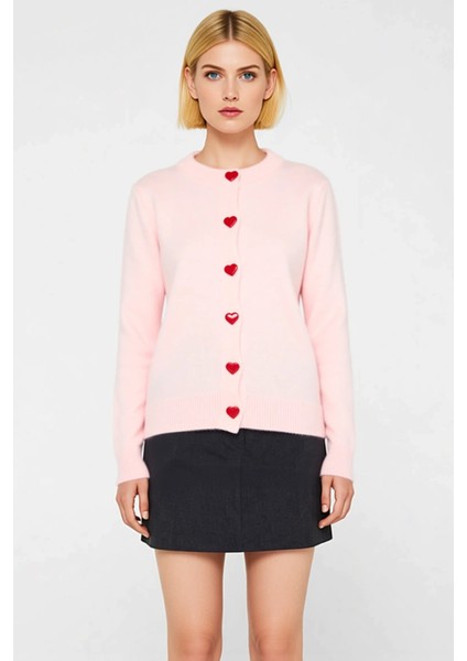 Kadın Yumuşak Dokulu Kalp Düğmeli Uzun Kollu Bisiklet Yaka Regular Kesim Triko Hırka Günlük fırsatları
