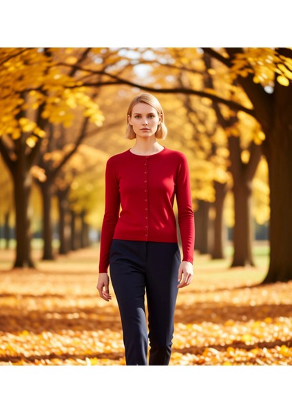 Kadın Düğmeli Bisiklet Yaka Uzun Kollu Ince Dokulu Yumuşak Regular Kesim Günlük Triko Hırka