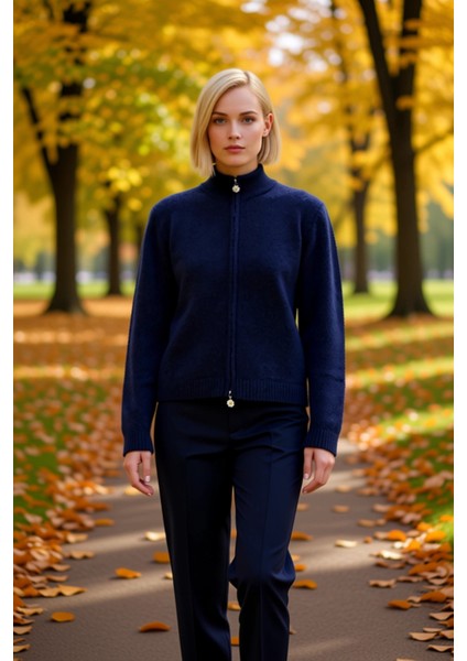 Kadın Fermuarlı Dik Yaka Papatya Detaylı Triko Hırka Günlük Şıklık ve Konfor Sunan Zarif Bir Parça