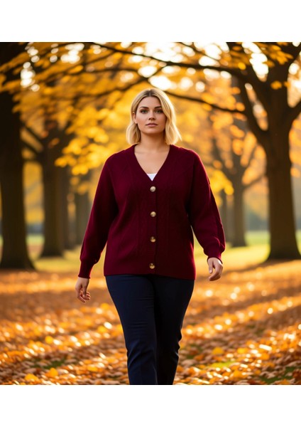 Kadın V Yaka Düşük Kol Saç Örgü ve Baklava Desenli Düğmeli Triko Hırka Rahat Kalıp Kışlık Şıklık