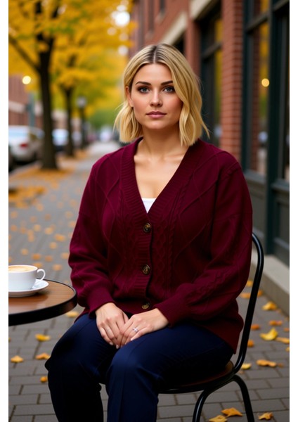 Kadın V Yaka Düşük Kol Saç Örgü ve Baklava Desenli Düğmeli Triko Hırka Rahat Kalıp Kışlık Şıklık fiyatları