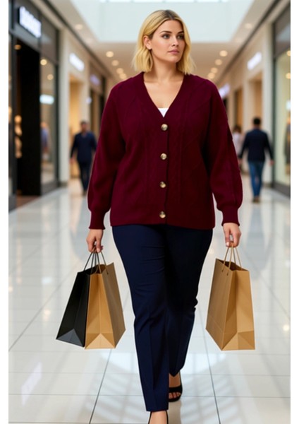 Kadın V Yaka Düşük Kol Saç Örgü ve Baklava Desenli Düğmeli Triko Hırka Rahat Kalıp Kışlık Şıklık modelleri