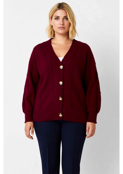 Kadın V Yaka Düşük Kol Saç Örgü ve Baklava Desenli Düğmeli Triko Hırka Rahat Kalıp Kışlık Şıklık fırsatları