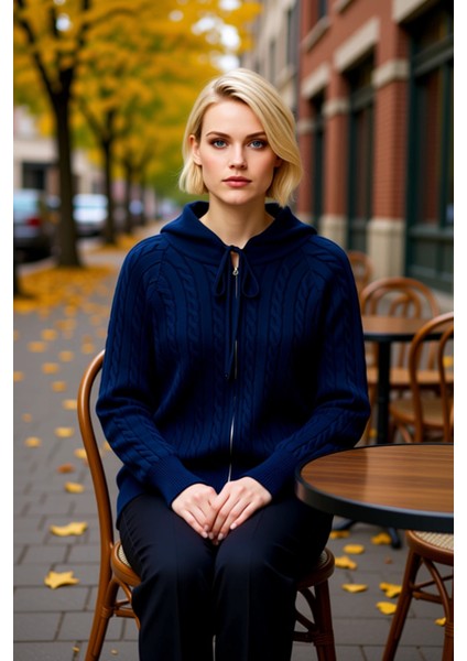 Kadın Rahat Kesim Saç Örgü Desenli Kapüşonlu Fermuarlı Triko Hırka Kışlık Kombinlerinize Şıklık fiyatları