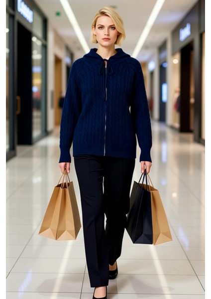 Kadın Rahat Kesim Saç Örgü Desenli Kapüşonlu Fermuarlı Triko Hırka Kışlık Kombinlerinize Şıklık modelleri