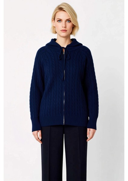 Kadın Rahat Kesim Saç Örgü Desenli Kapüşonlu Fermuarlı Triko Hırka Kışlık Kombinlerinize Şıklık fırsatları