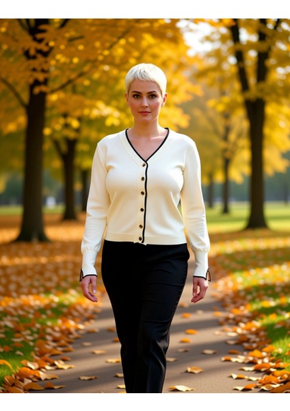 Kadın V Yaka Düğme Detaylı Şeritli Uzun Kollu Regular Kesim Triko Hırka Casual Giyim Stili