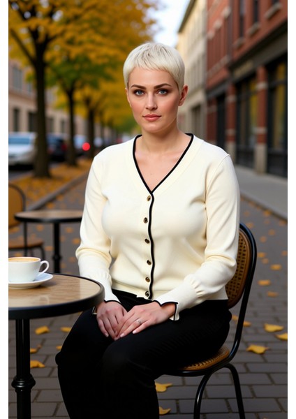 Kadın V Yaka Düğme Detaylı Şeritli Uzun Kollu Regular Kesim Triko Hırka Casual Giyim Stili fiyatları