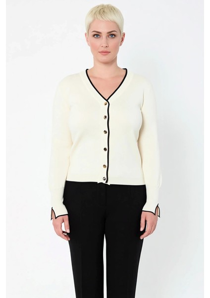 Kadın V Yaka Düğme Detaylı Şeritli Uzun Kollu Regular Kesim Triko Hırka Casual Giyim Stili fırsatları