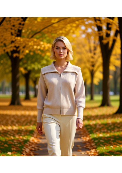 Kadın Rahat Fermuarlı Devrik Yaka Uzun Düşük Kollu Selanik Örgü Kalın Triko Hırka Şık