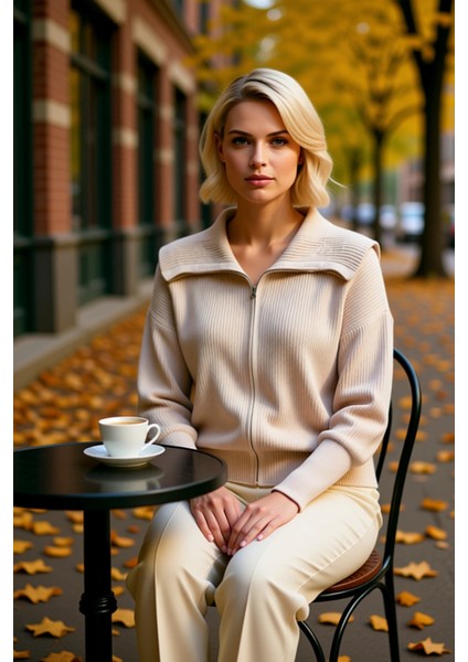 Kadın Rahat Fermuarlı Devrik Yaka Uzun Düşük Kollu Selanik Örgü Kalın Triko Hırka Şık fiyatları