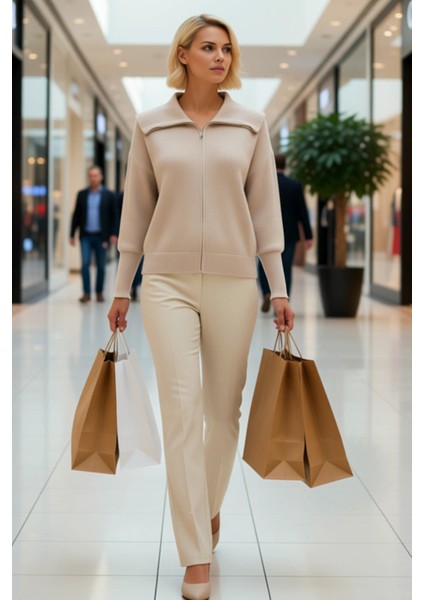 Kadın Rahat Fermuarlı Devrik Yaka Uzun Düşük Kollu Selanik Örgü Kalın Triko Hırka Şık modelleri