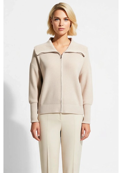 Kadın Rahat Fermuarlı Devrik Yaka Uzun Düşük Kollu Selanik Örgü Kalın Triko Hırka Şık fırsatları