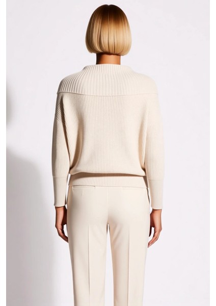 Kadın Rahat Fermuarlı Devrik Yaka Uzun Düşük Kollu Selanik Örgü Kalın Triko Hırka Şık indirimleri