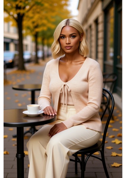 Kadın V Yaka Bağlama Detaylı Ince Triko Hırka ve Atlet Takımı Modern Kesim Gün Boyu Günlük fiyatları