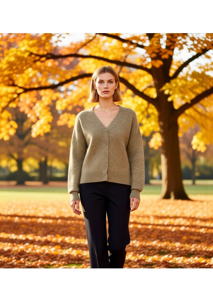 Kadın Geniş Kalıp V Yaka Düğmeli Triko Hırka Konforlu ve Zamansız Bir Stil Sunar Günlük Kullanım