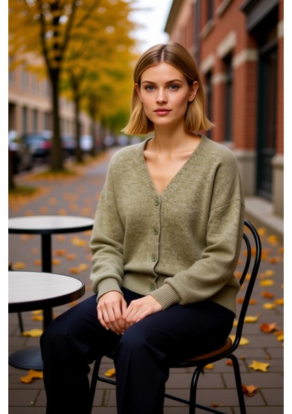 Kadın Geniş Kalıp V Yaka Düğmeli Triko Hırka Konforlu ve Zamansız Bir Stil Sunar Günlük Kullanım fiyatları