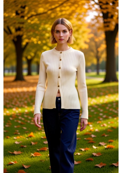 Kadın Düğme Detaylı Yumuşak Dokulu Fitilli Dokuma Yırtmaç Detaylı Triko Hırka Konforlu ve Şık Bir