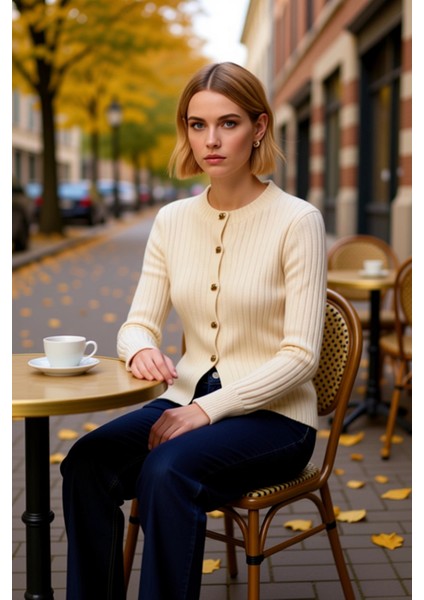 Kadın Düğme Detaylı Yumuşak Dokulu Fitilli Dokuma Yırtmaç Detaylı Triko Hırka Konforlu ve Şık Bir fiyatları