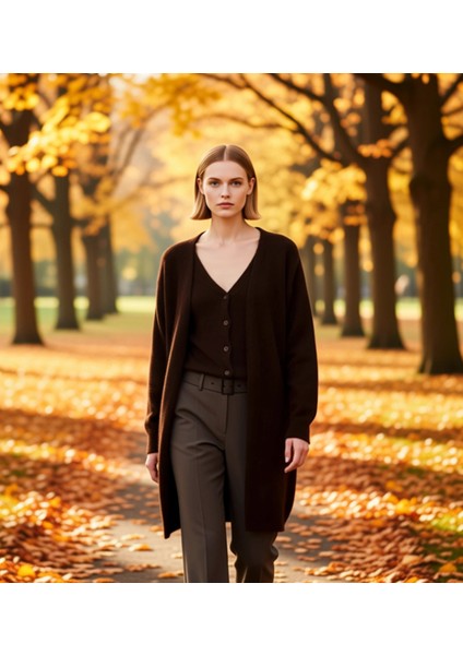 Kadın Ikili V Yaka Geniş Kalıp Uzun Yumuşak Dokulu Triko Hırka ve Yelek Takımı Rahat Kesim