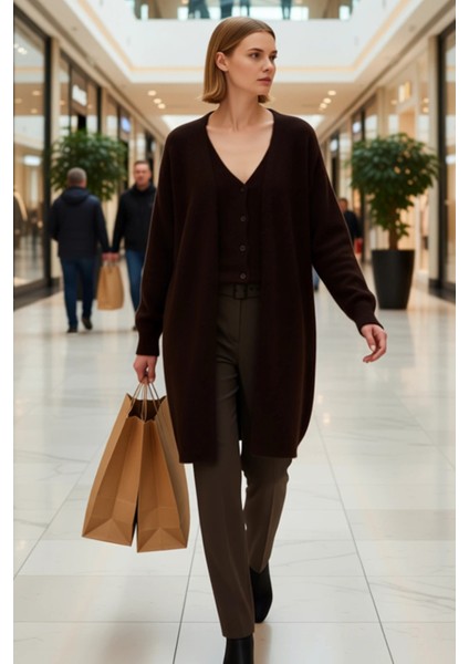 Kadın Ikili V Yaka Geniş Kalıp Uzun Yumuşak Dokulu Triko Hırka ve Yelek Takımı Rahat Kesim modelleri