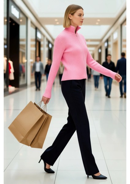 Kadın Gardırop Temelleri Fermuarlı Dik Yaka Yumuşak Dokulu Fit Kesim Uzun Kollu Triko Hırka modelleri