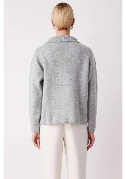 Kadın Inci Işlemeli Polo Yaka Düşük Omuzlu Geniş Kesim Uzun Kollu Triko Hırka Günlük Şıklık indirimleri