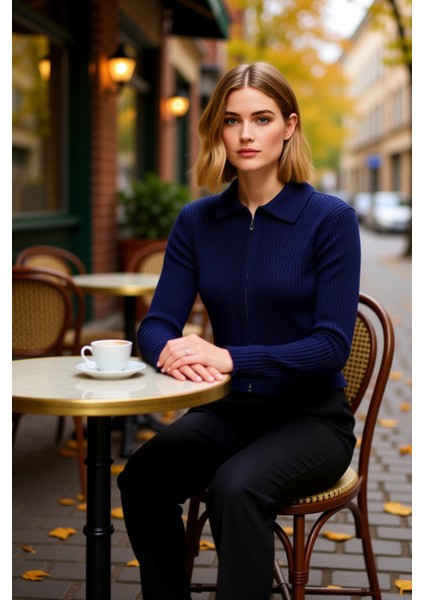 Kadın Yumuşak Dokulu Fitilli Crop Fermuarlı Triko Hırka Polo Yaka Detaylı Konforlu Günlük Şıklık fiyatları