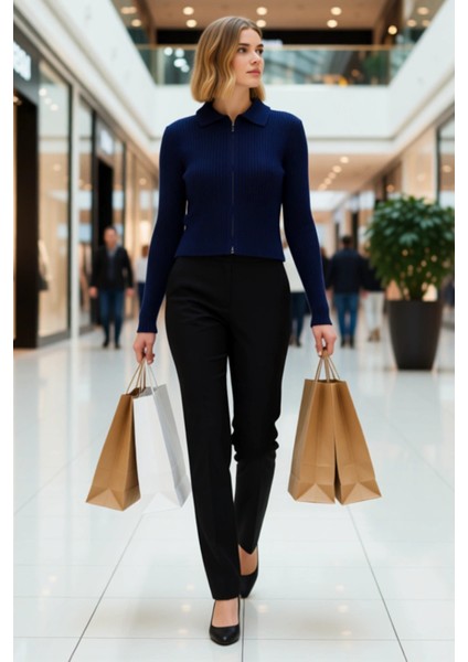 Kadın Yumuşak Dokulu Fitilli Crop Fermuarlı Triko Hırka Polo Yaka Detaylı Konforlu Günlük Şıklık modelleri