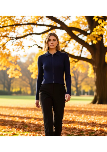 Kadın Yumuşak Dokulu Fitilli Crop Fermuarlı Triko Hırka Polo Yaka Detaylı Konforlu Günlük Şıklık fırsatları