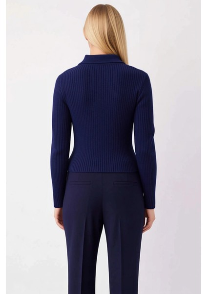 Kadın Yumuşak Dokulu Fitilli Crop Fermuarlı Triko Hırka Polo Yaka Detaylı Konforlu Günlük Şıklık indirimleri