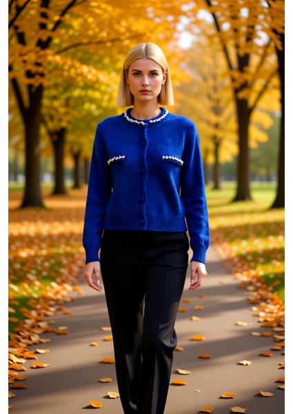 Kadın Günlük Tamamlayan Taş Işlemeli Bisiklet Yaka Yumuşak Dokulu Uzun Kollu Triko Hırka Şık