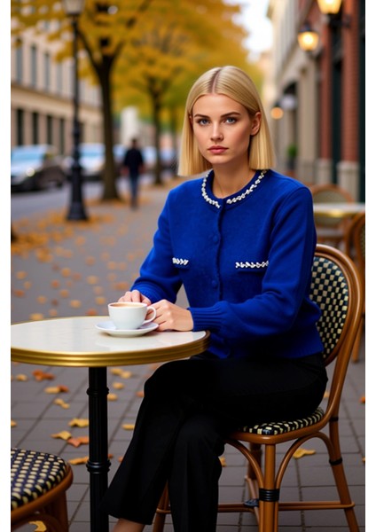 Kadın Günlük Tamamlayan Taş Işlemeli Bisiklet Yaka Yumuşak Dokulu Uzun Kollu Triko Hırka Şık fiyatları