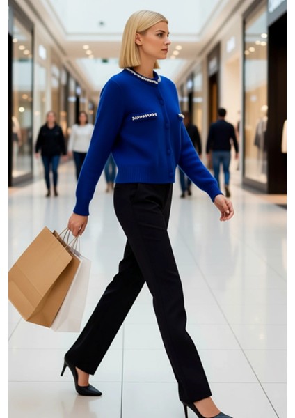 Kadın Günlük Tamamlayan Taş Işlemeli Bisiklet Yaka Yumuşak Dokulu Uzun Kollu Triko Hırka Şık modelleri